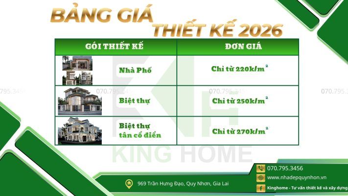 BÁO GIÁ XÂY NHÀ & THIẾT KẾ TỪNG GÓI TẠI QUY NHƠN 2026 1 BẢNG GIÁ THIẾT KẾ 2026